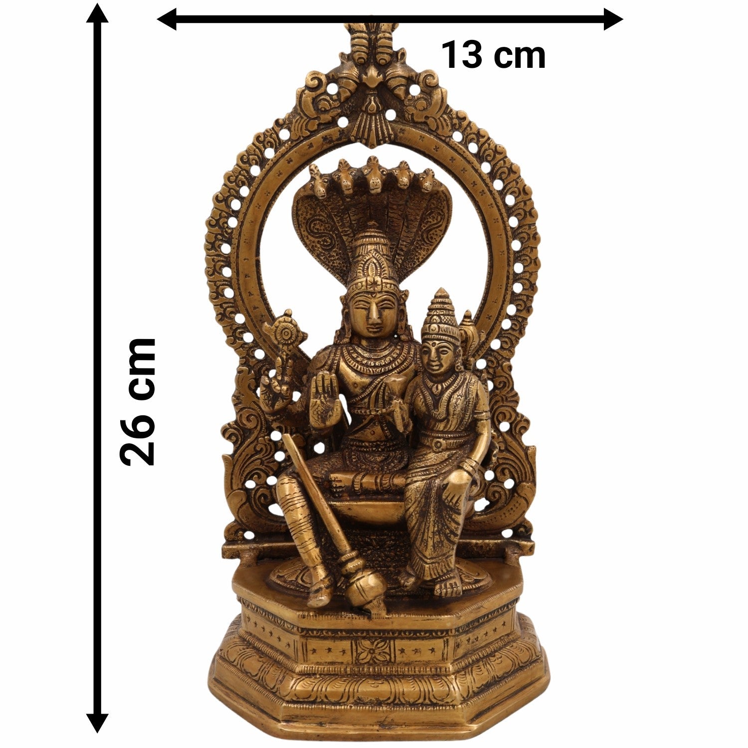 Handcrafted Brass Vishnu Idol, Sriman Narayana, Lakshmi Narayan, Mahavishnu Murti for Pooja Room, Temple & Home Decor, Gold, 10 Inch, 1 Piece