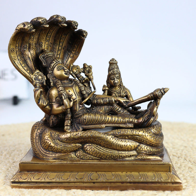 Brass Vishnu Lakshmi Padmanabhaswamy Idol | Anantha Shayana Padmanabha Swamy Murti | Lakshmi Narayana Peetal Statue for Pooja Room & Home Decor,Gold, 7 Inch, 1 Piece