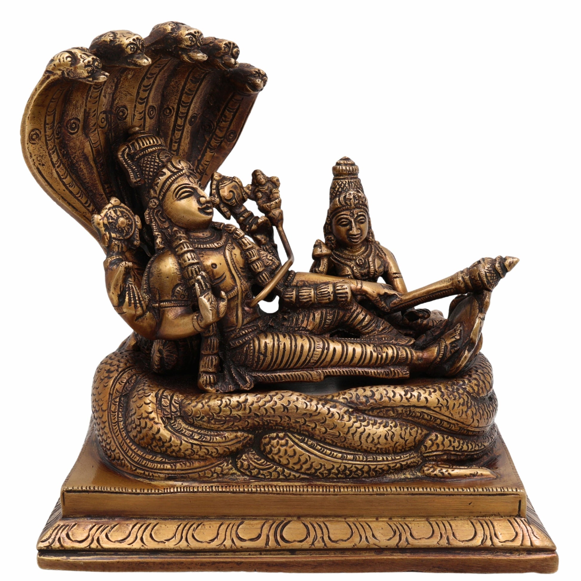 Brass Vishnu Lakshmi Padmanabhaswamy Idol | Anantha Shayana Padmanabha Swamy Murti | Lakshmi Narayana Peetal Statue for Pooja Room & Home Decor,Gold, 7 Inch, 1 Piece