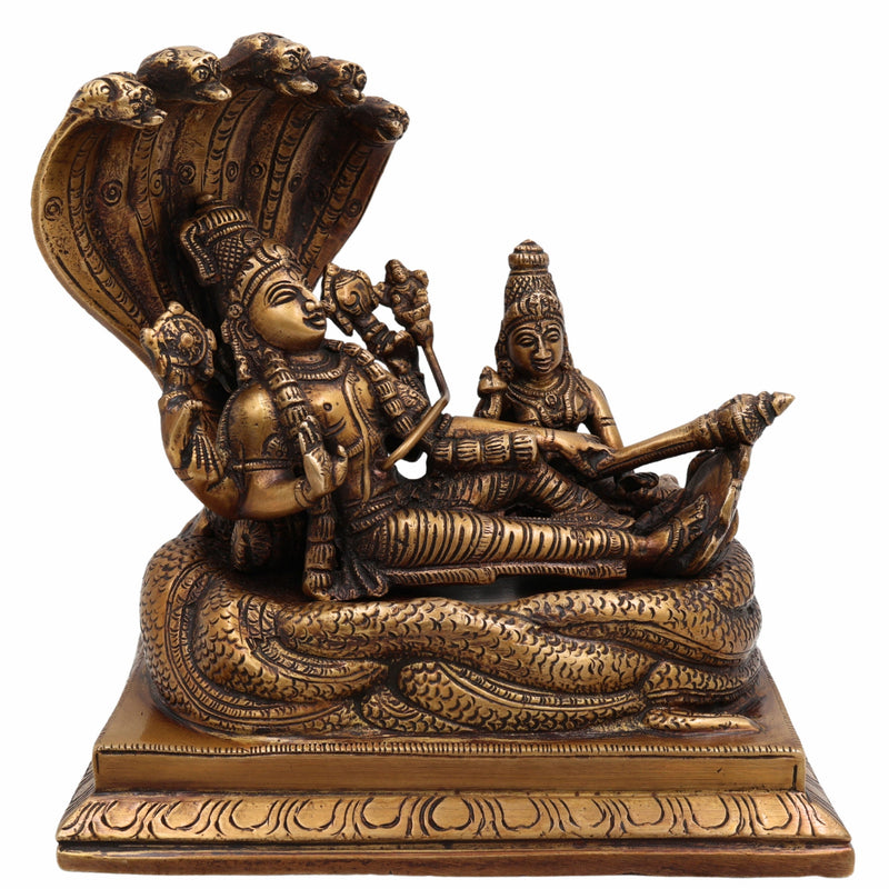 Brass Vishnu Lakshmi Padmanabhaswamy Idol | Anantha Shayana Padmanabha Swamy Murti | Lakshmi Narayana Peetal Statue for Pooja Room & Home Decor,Gold, 7 Inch, 1 Piece