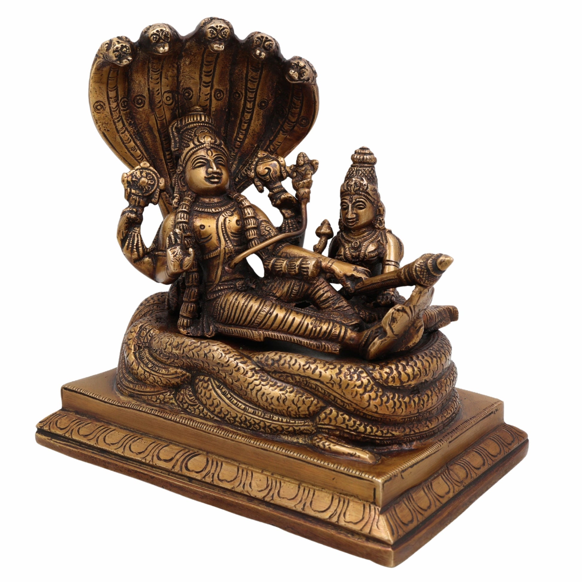Brass Vishnu Lakshmi Padmanabhaswamy Idol | Anantha Shayana Padmanabha Swamy Murti | Lakshmi Narayana Peetal Statue for Pooja Room & Home Decor,Gold, 7 Inch, 1 Piece