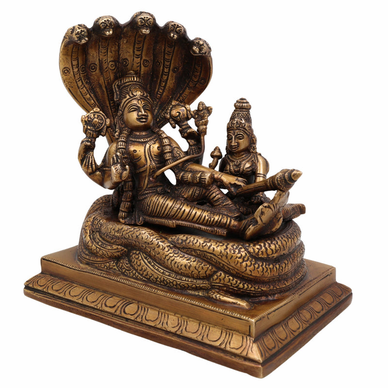 Brass Vishnu Lakshmi Padmanabhaswamy Idol | Anantha Shayana Padmanabha Swamy Murti | Lakshmi Narayana Peetal Statue for Pooja Room & Home Decor,Gold, 7 Inch, 1 Piece