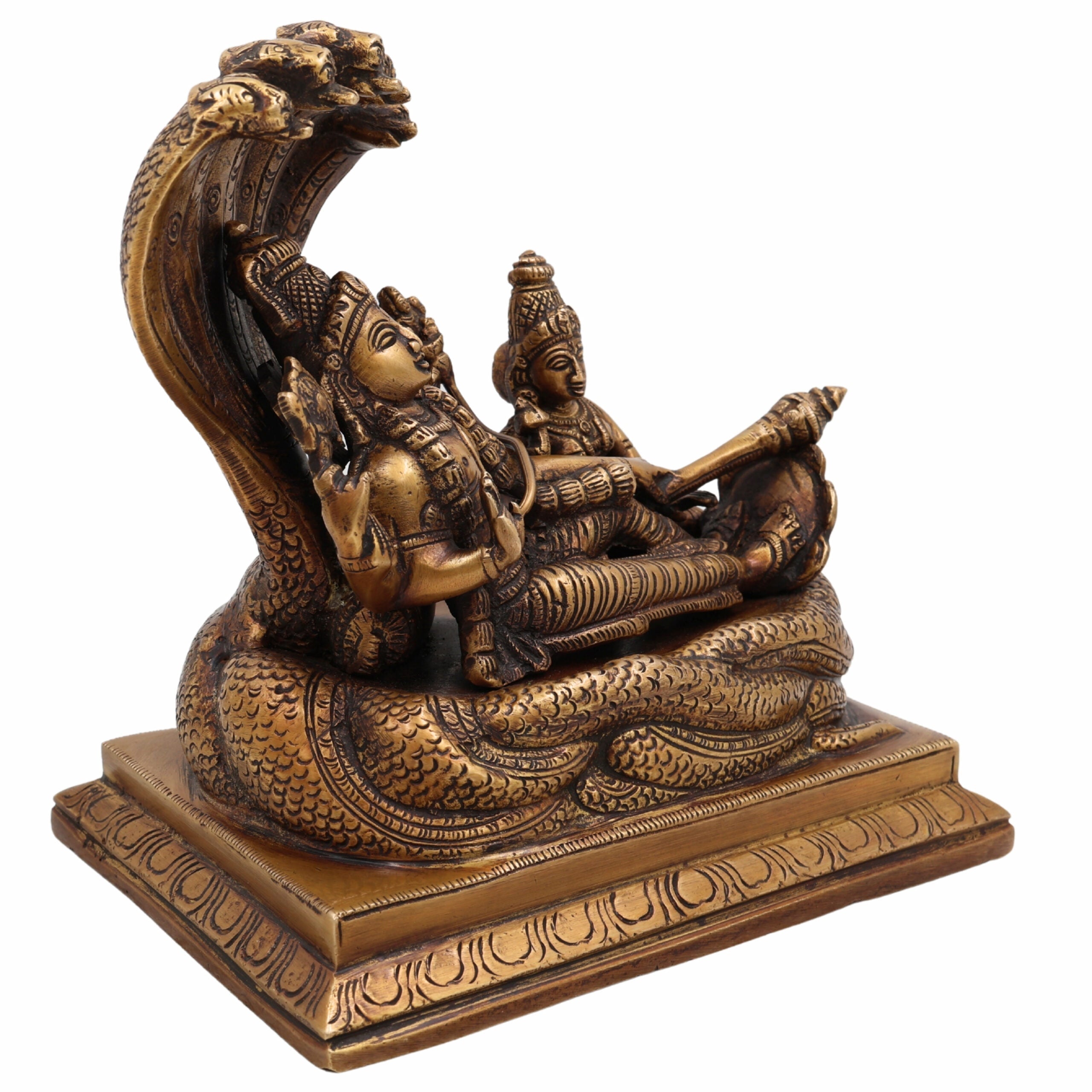 Brass Vishnu Lakshmi Padmanabhaswamy Idol | Anantha Shayana Padmanabha Swamy Murti | Lakshmi Narayana Peetal Statue for Pooja Room & Home Decor,Gold, 7 Inch, 1 Piece
