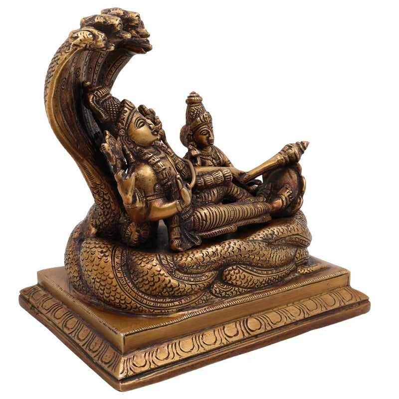 Brass Vishnu Lakshmi Padmanabhaswamy Idol | Anantha Shayana Padmanabha Swamy Murti | Lakshmi Narayana Peetal Statue for Pooja Room & Home Decor,Gold, 7 Inch, 1 Piece