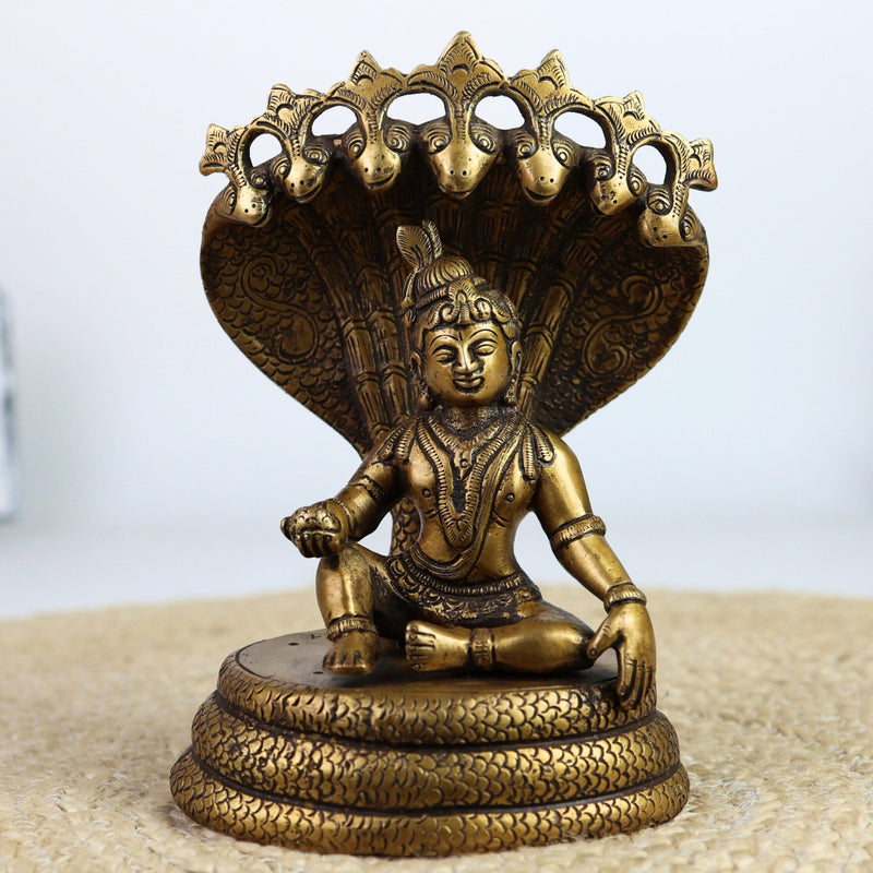 Brass Bal Krishna on Sheshnag Idol | Sheshashayi Gopal | Adishesha Bala Gopal Murti for Home Temple, Puja, Janmashtami & Vastu Decor,Gold, 7 Inch, 1 Piece