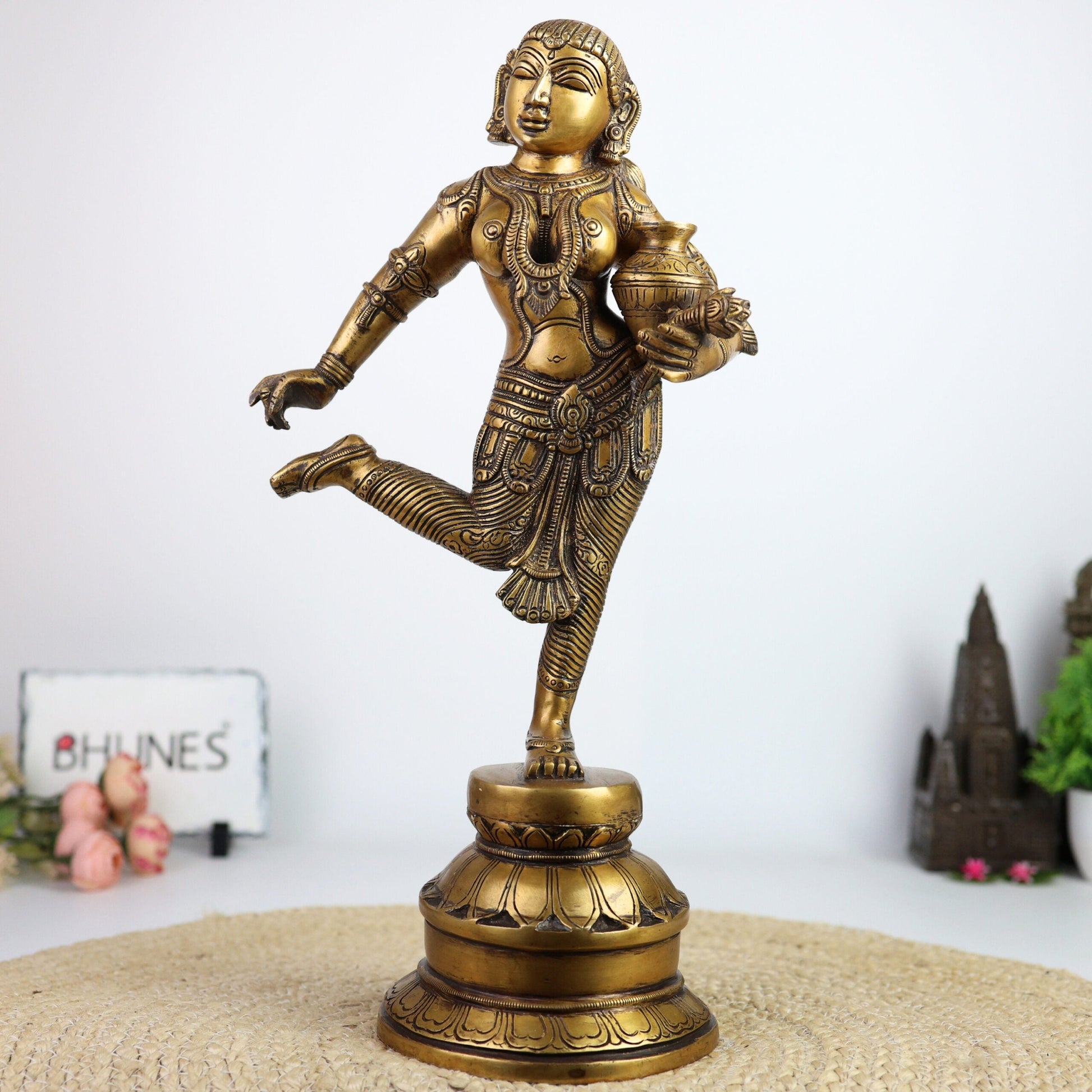 Brass Apsara Matka Lady Idol, Handcrafted Dancing Apsara Sculpture, Antique-Style Peetal/Pittal Figurine for Home, Temple, Pooja, and Decorative Showpiece,Gold, 16.5 Inch, 1 Piece
