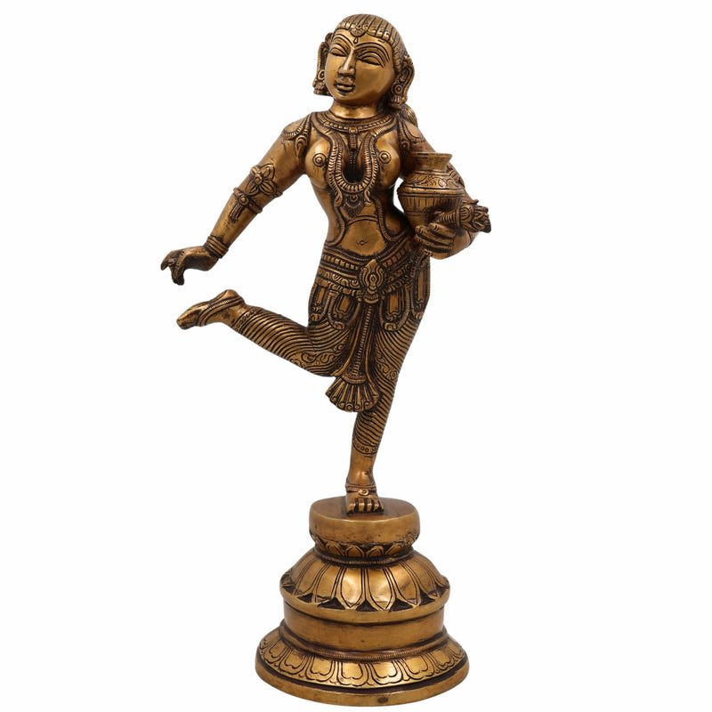 Brass Apsara Matka Lady Idol, Handcrafted Dancing Apsara Sculpture, Antique-Style Peetal/Pittal Figurine for Home, Temple, Pooja, and Decorative Showpiece,Gold, 16.5 Inch, 1 Piece