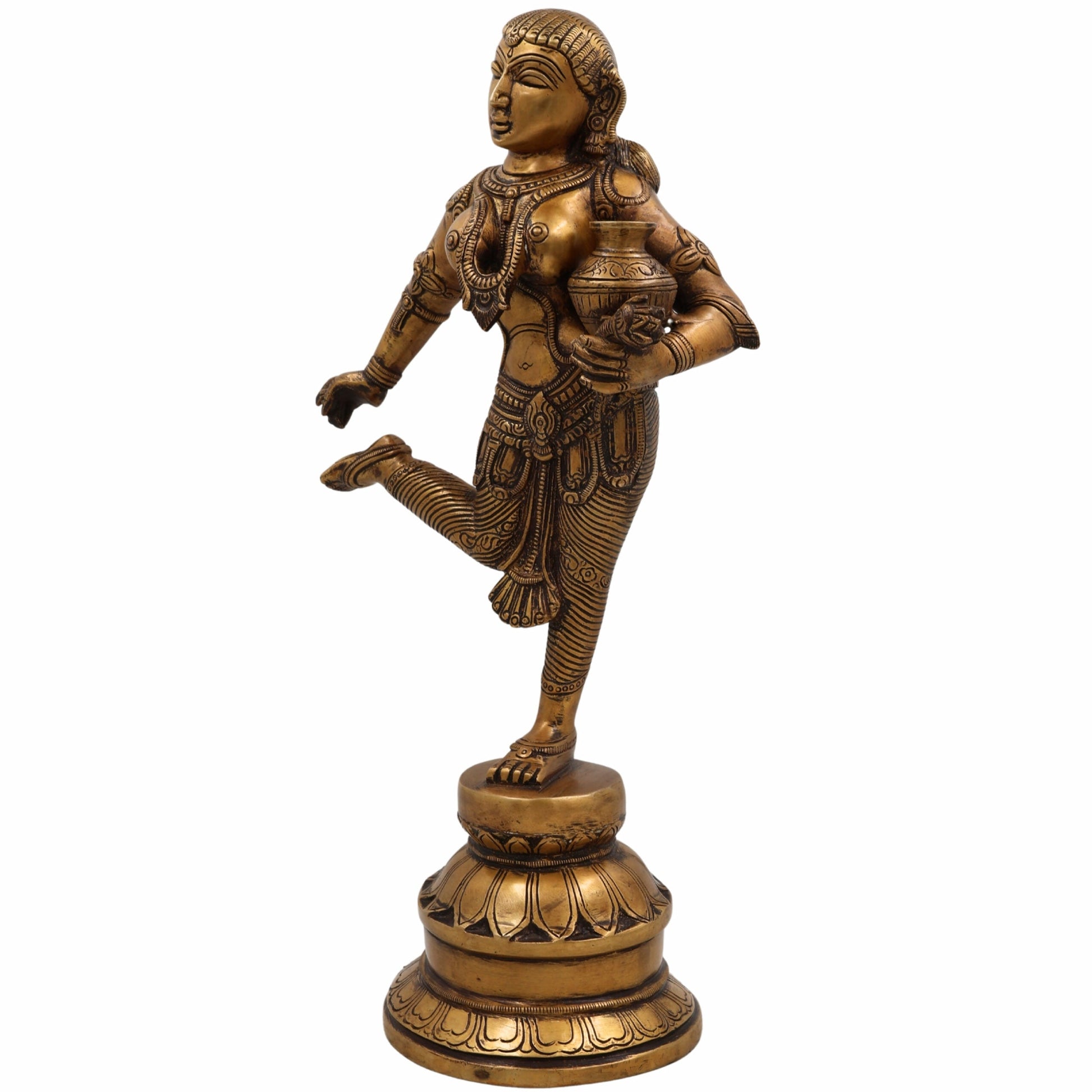 Brass Apsara Matka Lady Idol, Handcrafted Dancing Apsara Sculpture, Antique-Style Peetal/Pittal Figurine for Home, Temple, Pooja, and Decorative Showpiece,Gold, 16.5 Inch, 1 Piece