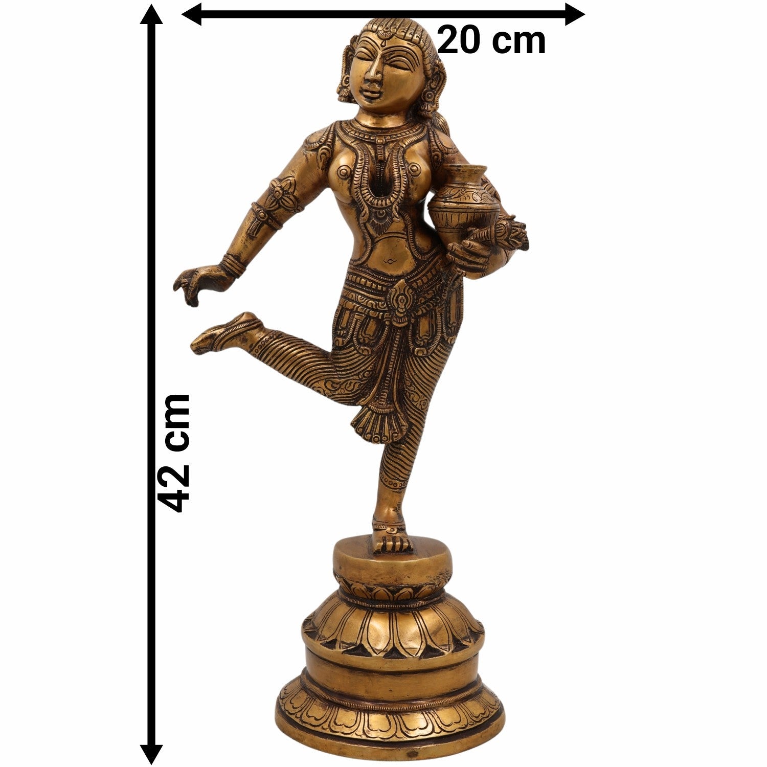 Brass Apsara Matka Lady Idol, Handcrafted Dancing Apsara Sculpture, Antique-Style Peetal/Pittal Figurine for Home, Temple, Pooja, and Decorative Showpiece,Gold, 16.5 Inch, 1 Piece