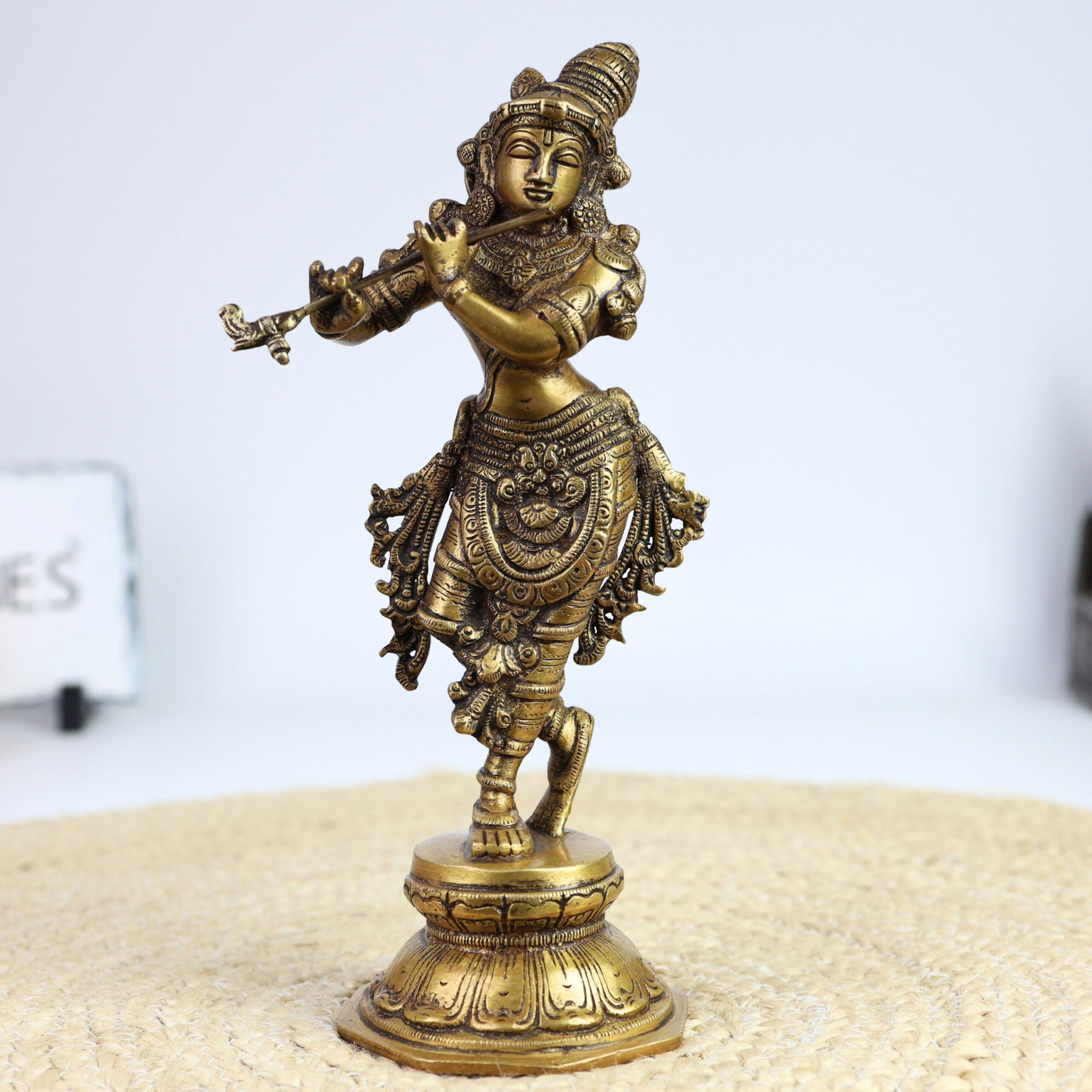 Handcrafted Brass Krishna Idol | Murlidhar, Makhan Chor, Govinda, Venugopal, Kanha, Gopala Statue for Pooja, Home Temple, Vastu & Gift Décor,Gold, 10 Inch, 1 Piece