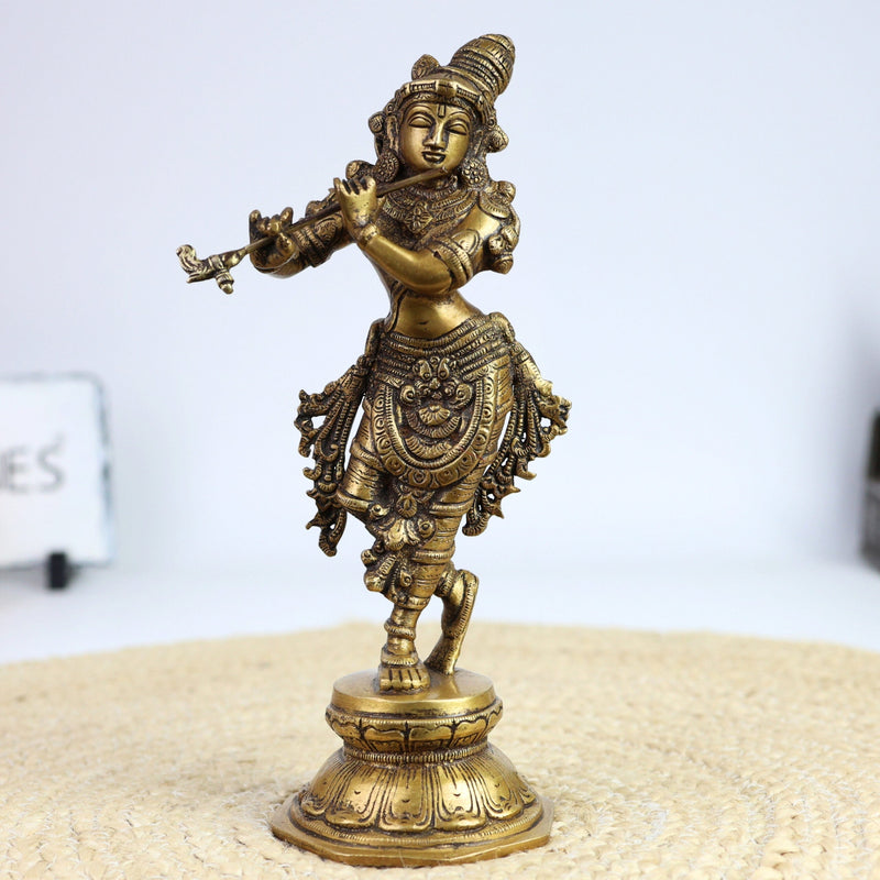 Handcrafted Brass Krishna Idol | Murlidhar, Makhan Chor, Govinda, Venugopal, Kanha, Gopala Statue for Pooja, Home Temple, Vastu & Gift Décor,Gold, 10 Inch, 1 Piece