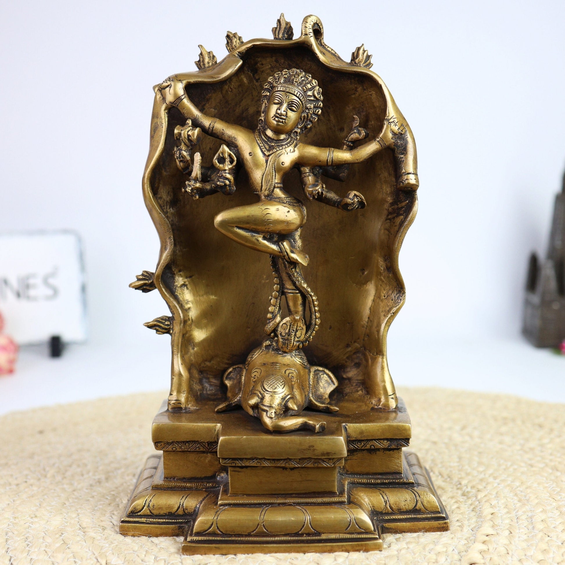 Brass Gajasurasamhara Murti | Gaja Samhara Shiva Idol | Gajasura Samharamoorthy Statue | Antique Finish Pital Moorthi for Home Temple & Puja Decor,Gold, 10.5 Inch, 1 Piece