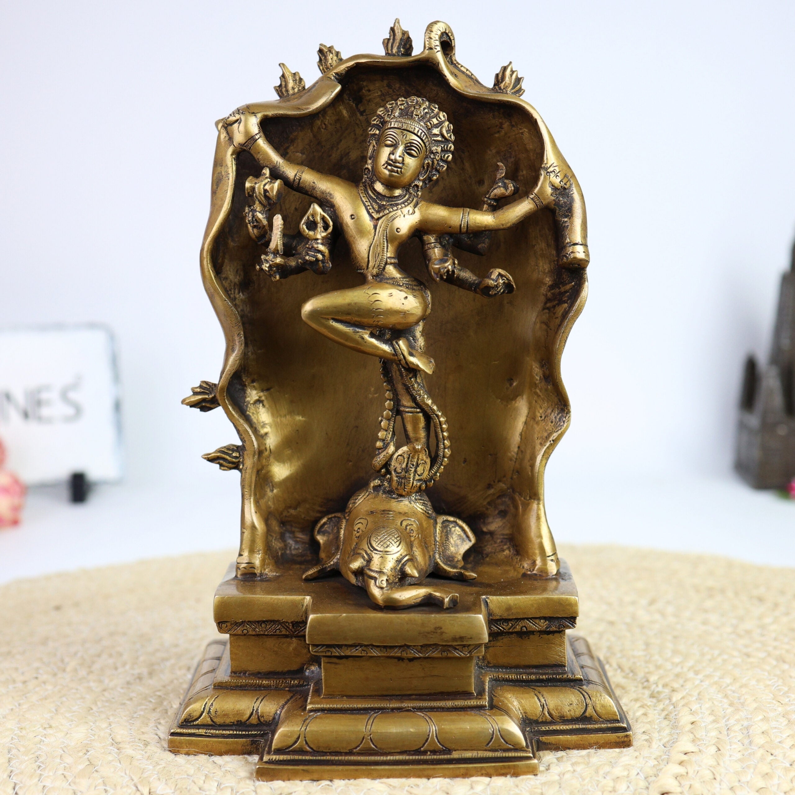 Brass Gajasurasamhara Murti | Gaja Samhara Shiva Idol | Gajasura Samharamoorthy Statue | Antique Finish Pital Moorthi for Home Temple & Puja Decor,Gold, 10.5 Inch, 1 Piece