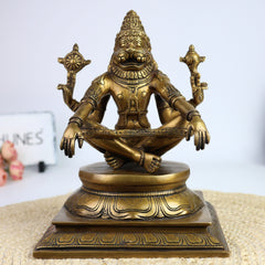 Brass Narasimha Idol, Ugra Narasimha Murti, Lakshmi Narasimha Statue, Handcrafted Peetal Vigraham for Pooja, Home Temple, Spiritual Gifts,Gold, 11 Inch, 1 Piece