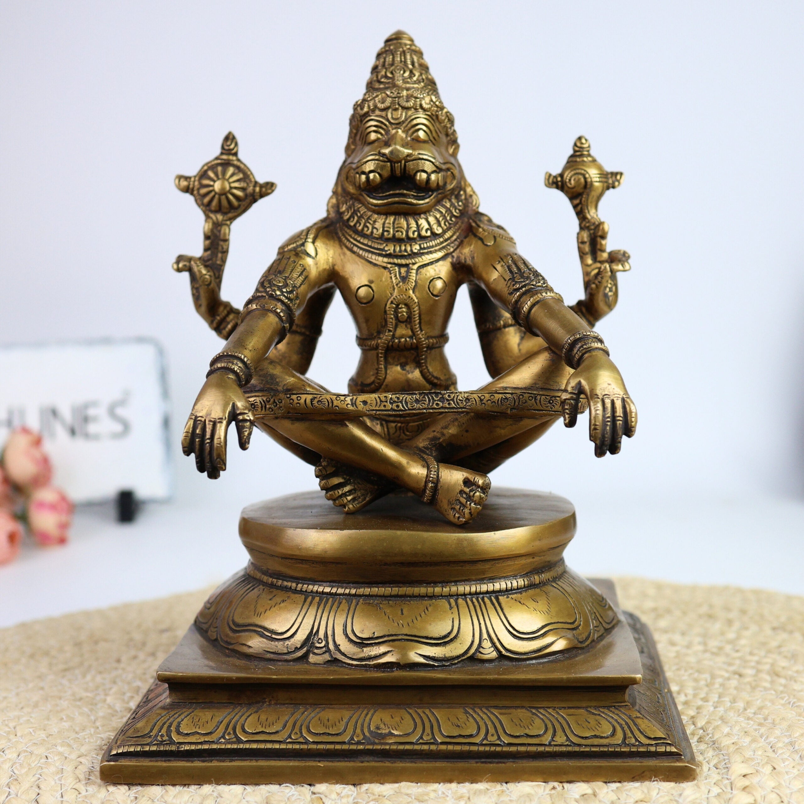 Brass Narasimha Idol, Ugra Narasimha Murti, Lakshmi Narasimha Statue, Handcrafted Peetal Vigraham for Pooja, Home Temple, Spiritual Gifts,Gold, 11 Inch, 1 Piece