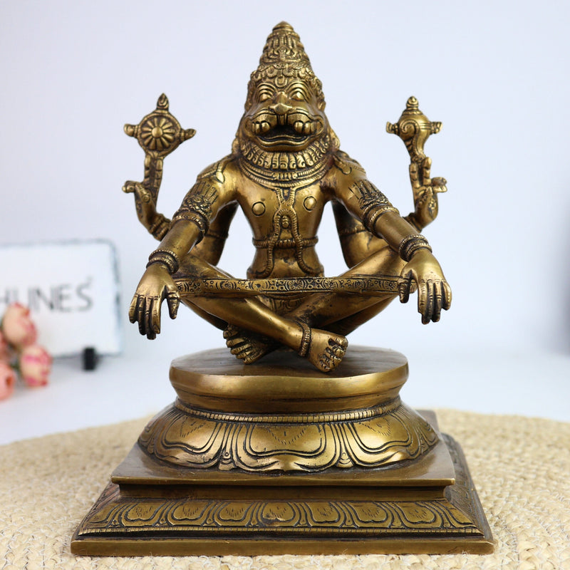 Brass Narasimha Idol, Ugra Narasimha Murti, Lakshmi Narasimha Statue, Handcrafted Peetal Vigraham for Pooja, Home Temple, Spiritual Gifts,Gold, 11 Inch, 1 Piece