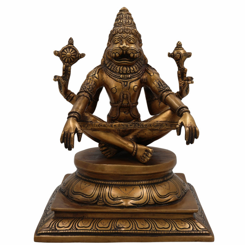 Brass Narasimha Idol, Ugra Narasimha Murti, Lakshmi Narasimha Statue, Handcrafted Peetal Vigraham for Pooja, Home Temple, Spiritual Gifts,Gold, 11 Inch, 1 Piece