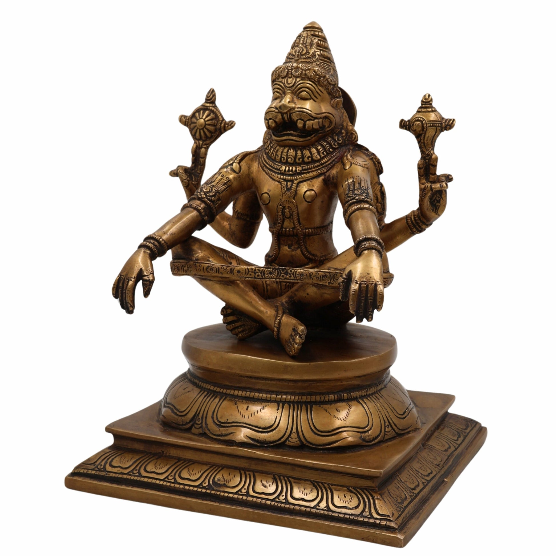 Brass Narasimha Idol, Ugra Narasimha Murti, Lakshmi Narasimha Statue, Handcrafted Peetal Vigraham for Pooja, Home Temple, Spiritual Gifts,Gold, 11 Inch, 1 Piece