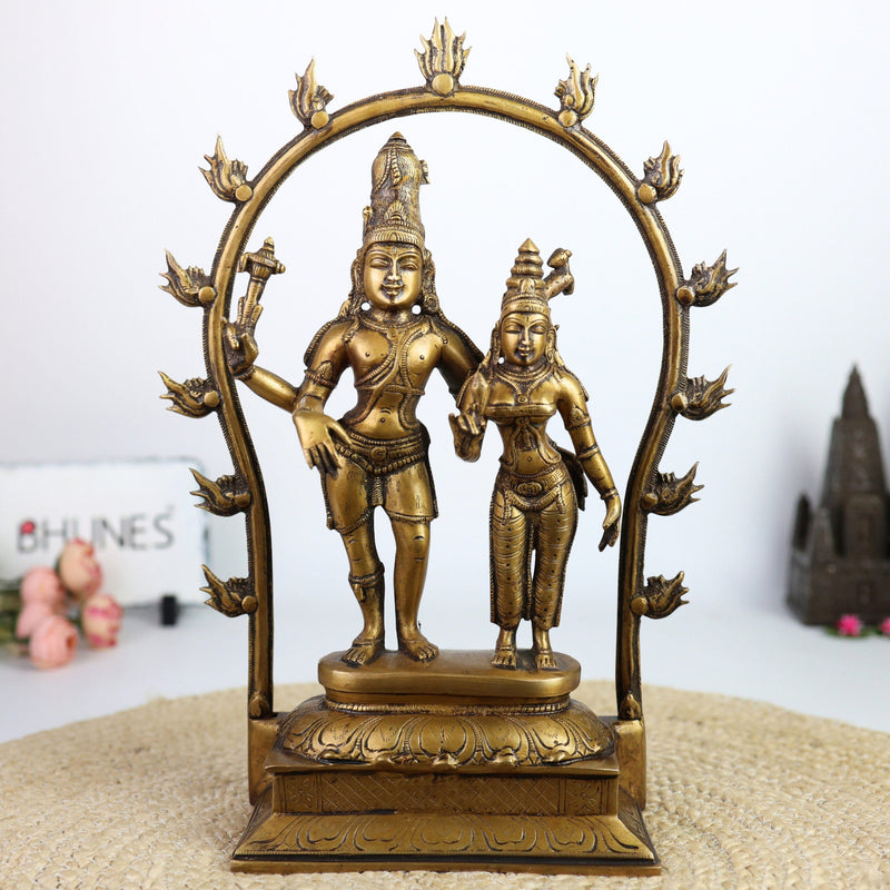 Brass Shiva Parvati Idol with Prabhavali, Mahadeva Shankar Murti, Bholenath Parvati Statue for Home Temple, Pooja Sculpture, Spiritual Decor,Gold, 14 Inch, 1 Piece