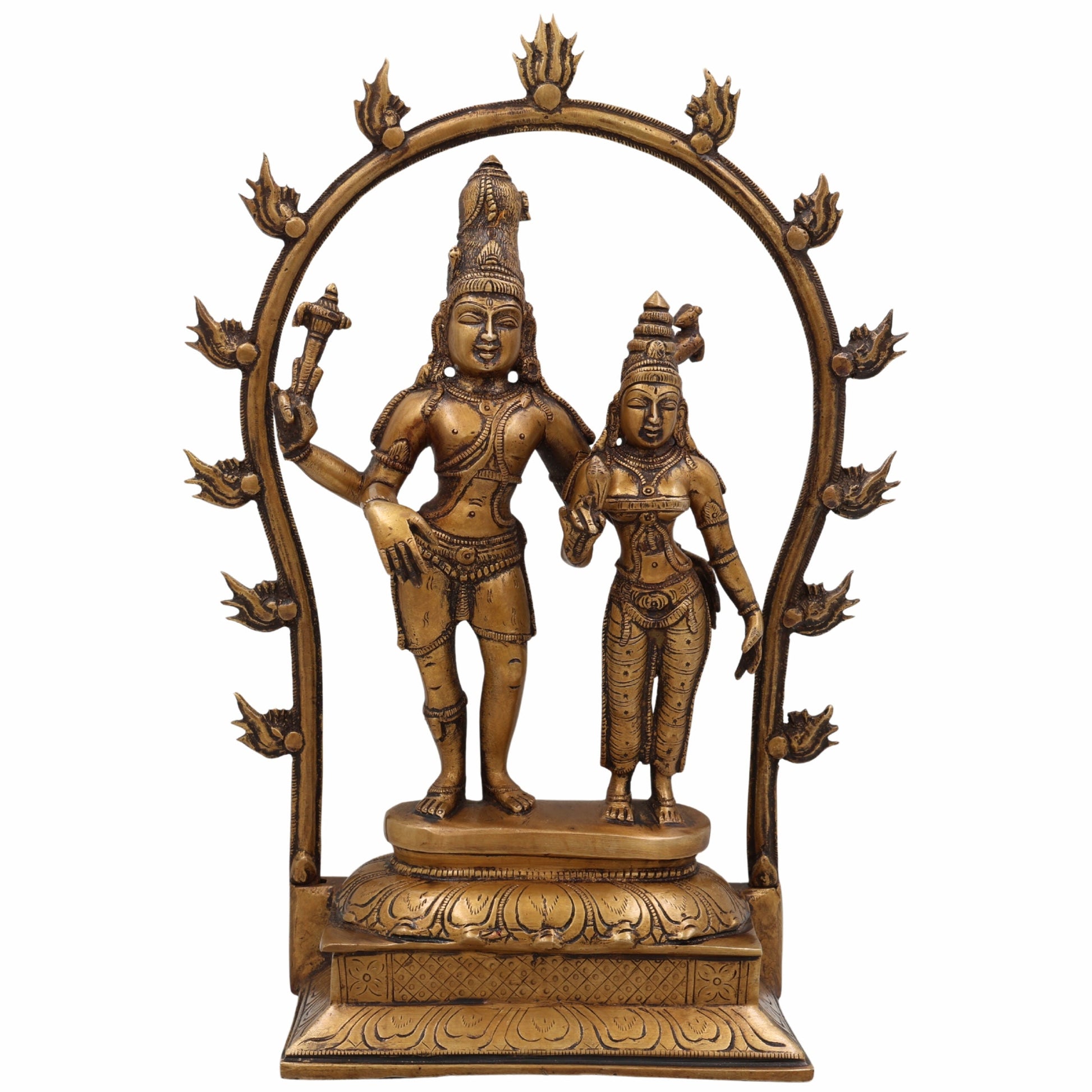 Brass Shiva Parvati Idol with Prabhavali, Mahadeva Shankar Murti, Bholenath Parvati Statue for Home Temple, Pooja Sculpture, Spiritual Decor,Gold, 14 Inch, 1 Piece