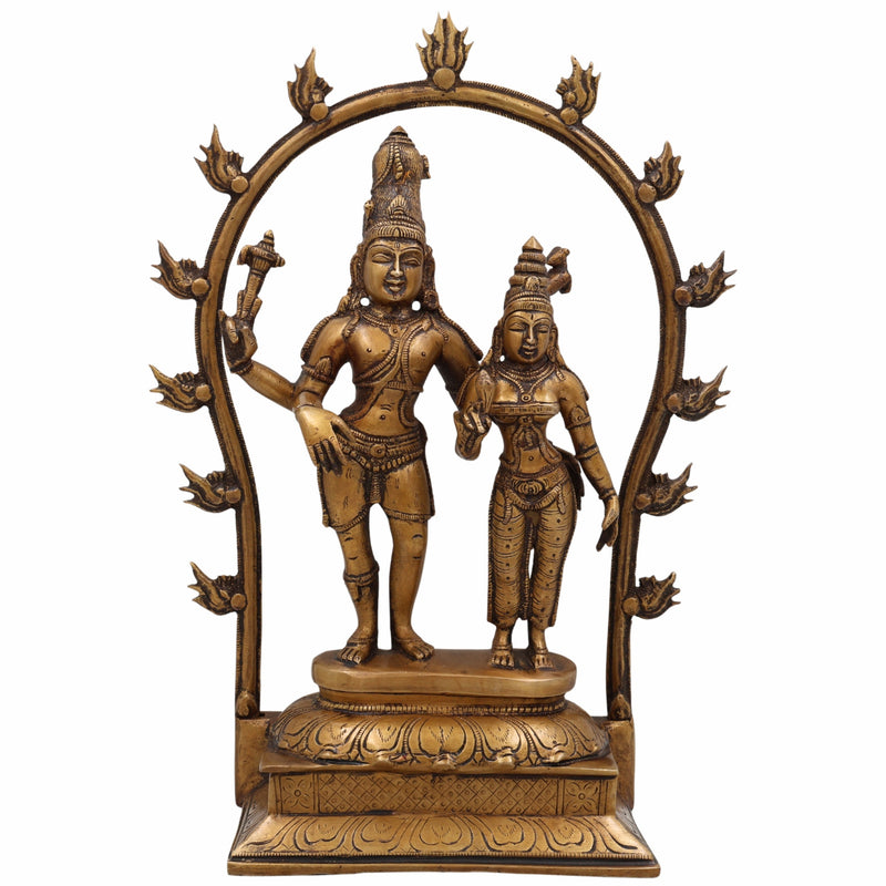 Brass Shiva Parvati Idol with Prabhavali, Mahadeva Shankar Murti, Bholenath Parvati Statue for Home Temple, Pooja Sculpture, Spiritual Decor,Gold, 14 Inch, 1 Piece