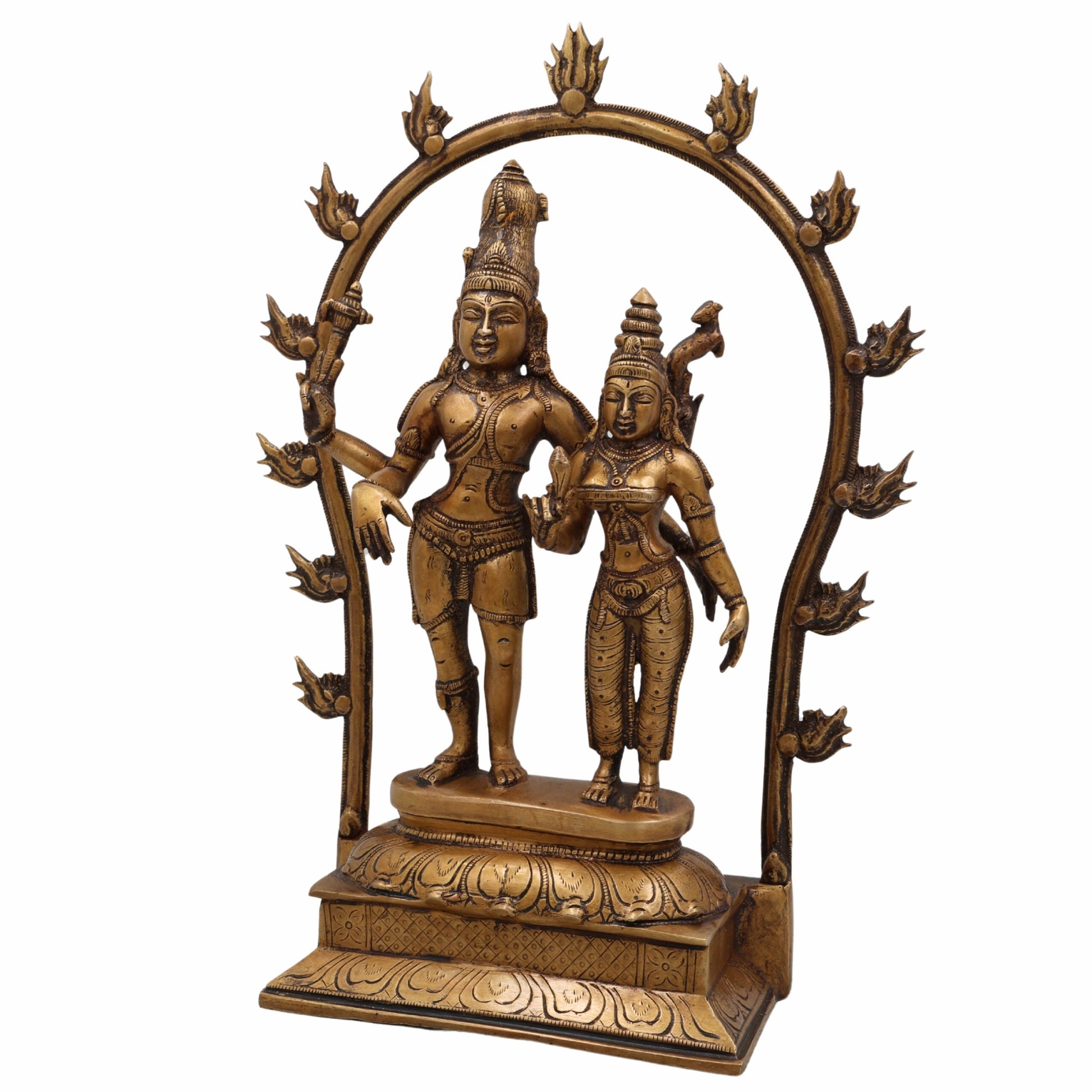 Brass Shiva Parvati Idol with Prabhavali, Mahadeva Shankar Murti, Bholenath Parvati Statue for Home Temple, Pooja Sculpture, Spiritual Decor,Gold, 14 Inch, 1 Piece
