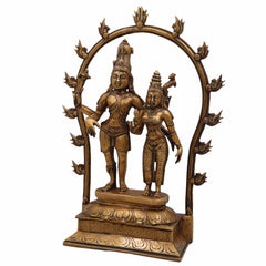 Brass Shiva Parvati Idol with Prabhavali, Mahadeva Shankar Murti, Bholenath Parvati Statue for Home Temple, Pooja Sculpture, Spiritual Decor,Gold, 14 Inch, 1 Piece