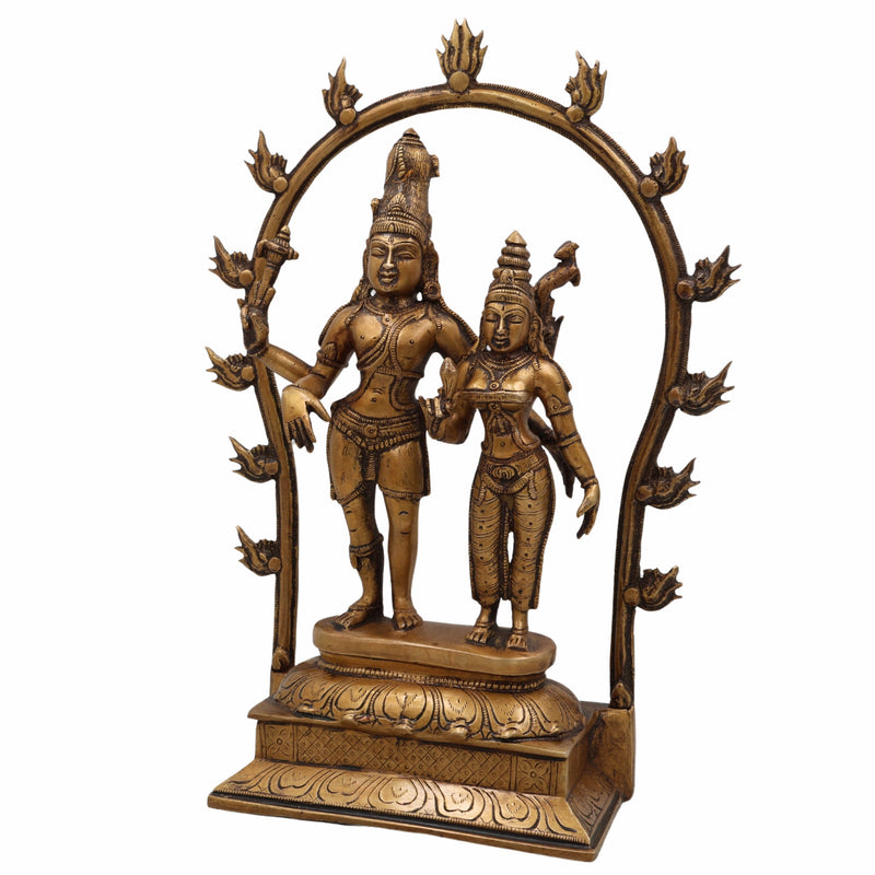 Brass Shiva Parvati Idol with Prabhavali, Mahadeva Shankar Murti, Bholenath Parvati Statue for Home Temple, Pooja Sculpture, Spiritual Decor,Gold, 14 Inch, 1 Piece