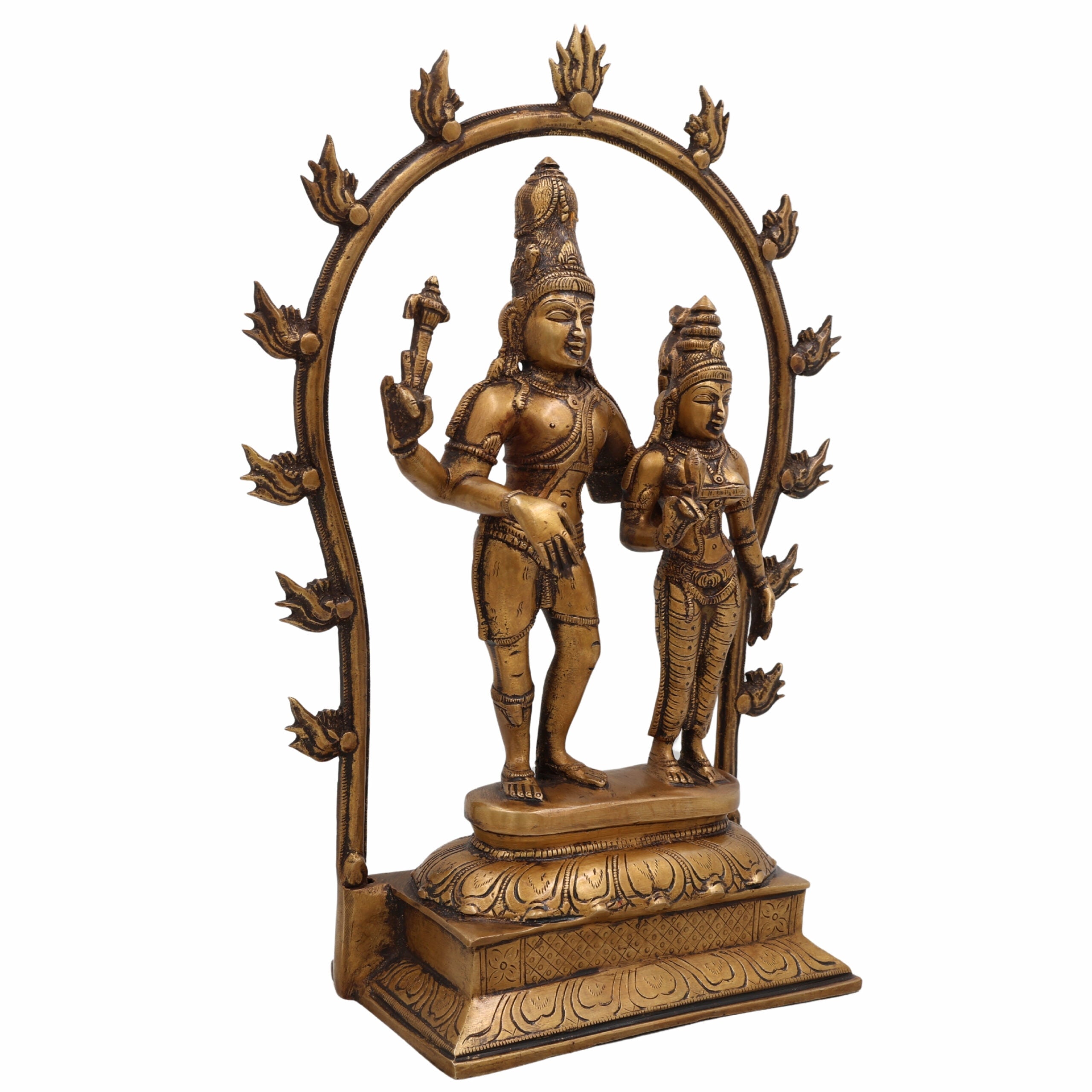 Brass Shiva Parvati Idol with Prabhavali, Mahadeva Shankar Murti, Bholenath Parvati Statue for Home Temple, Pooja Sculpture, Spiritual Decor,Gold, 14 Inch, 1 Piece