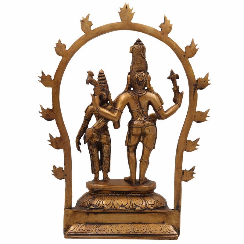 Brass Shiva Parvati Idol with Prabhavali, Mahadeva Shankar Murti, Bholenath Parvati Statue for Home Temple, Pooja Sculpture, Spiritual Decor,Gold, 14 Inch, 1 Piece