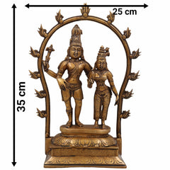 Brass Shiva Parvati Idol with Prabhavali, Mahadeva Shankar Murti, Bholenath Parvati Statue for Home Temple, Pooja Sculpture, Spiritual Decor,Gold, 14 Inch, 1 Piece