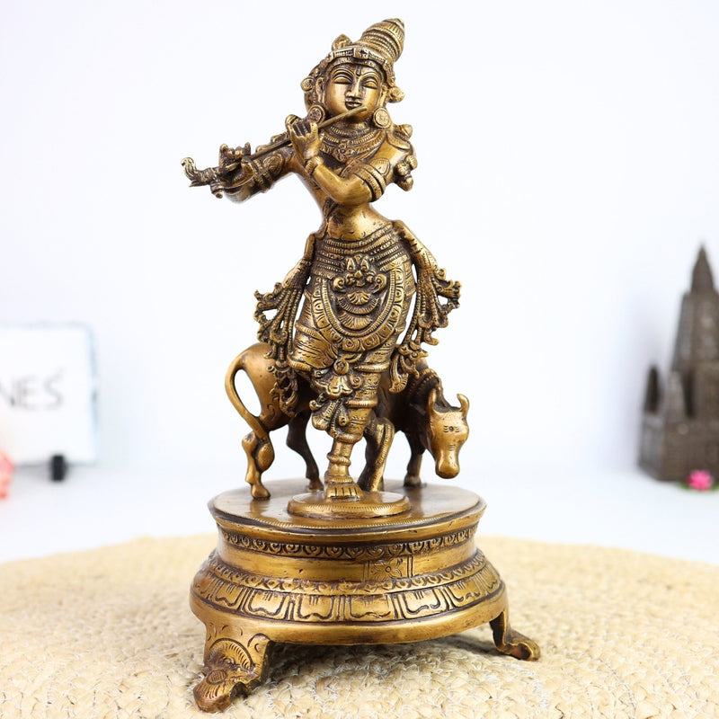 Brass Krishna Idol for Home Temple – Shree Krishna | Murlidhar | Gopala | Govind | Kanha | Flute-Playing Bhagwan Krishna Murti for Pooja, Decor & Gifts,Gold, 12 Inch, 1 Piece