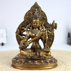 Brass Saraswati Idol for Home Temple | Veena Vadini Sharada Vagdevi Murti | Pital Mahasaraswati Statue for Pooja, Study & Gifting,Gold, 9 Inch, 1 Piece