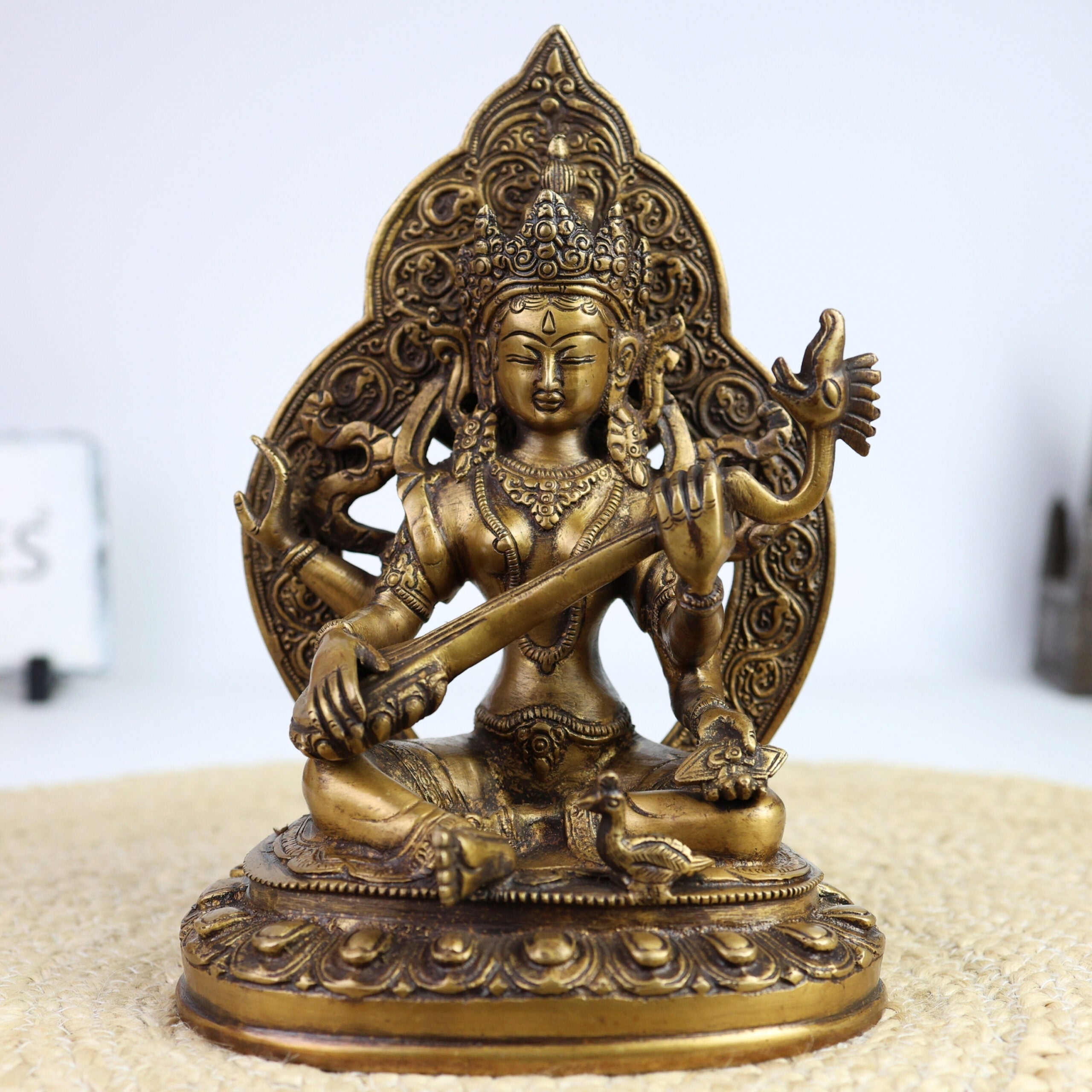 Brass Saraswati Idol for Home Temple | Veena Vadini Sharada Vagdevi Murti | Pital Mahasaraswati Statue for Pooja, Study & Gifting,Gold, 9 Inch, 1 Piece