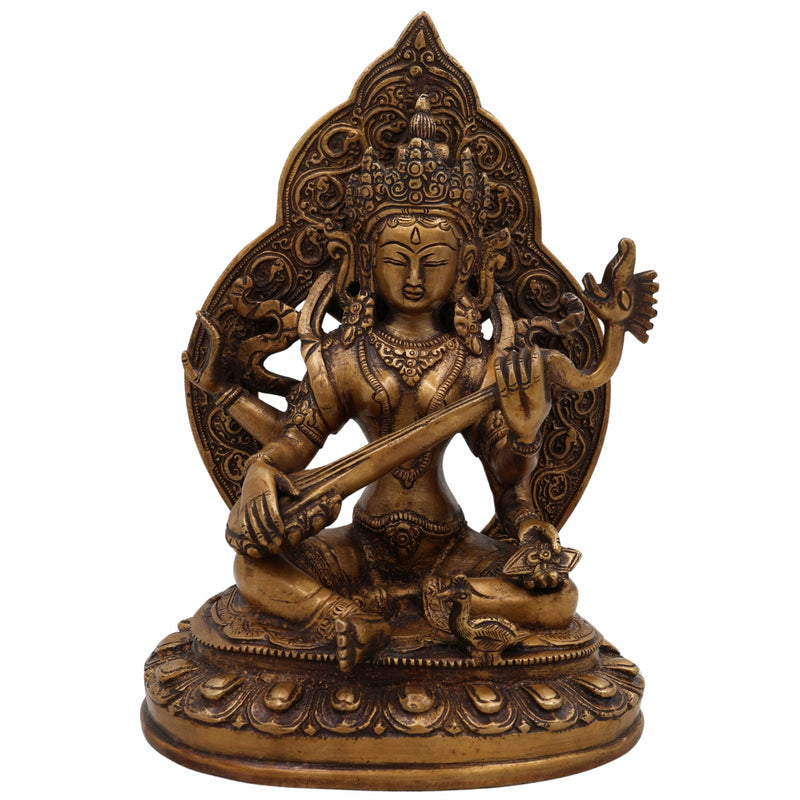 Brass Saraswati Idol for Home Temple | Veena Vadini Sharada Vagdevi Murti | Pital Mahasaraswati Statue for Pooja, Study & Gifting,Gold, 9 Inch, 1 Piece
