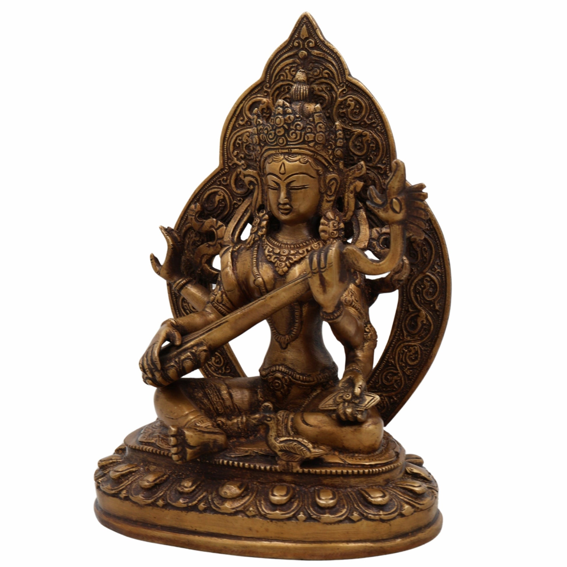 Brass Saraswati Idol for Home Temple | Veena Vadini Sharada Vagdevi Murti | Pital Mahasaraswati Statue for Pooja, Study & Gifting,Gold, 9 Inch, 1 Piece