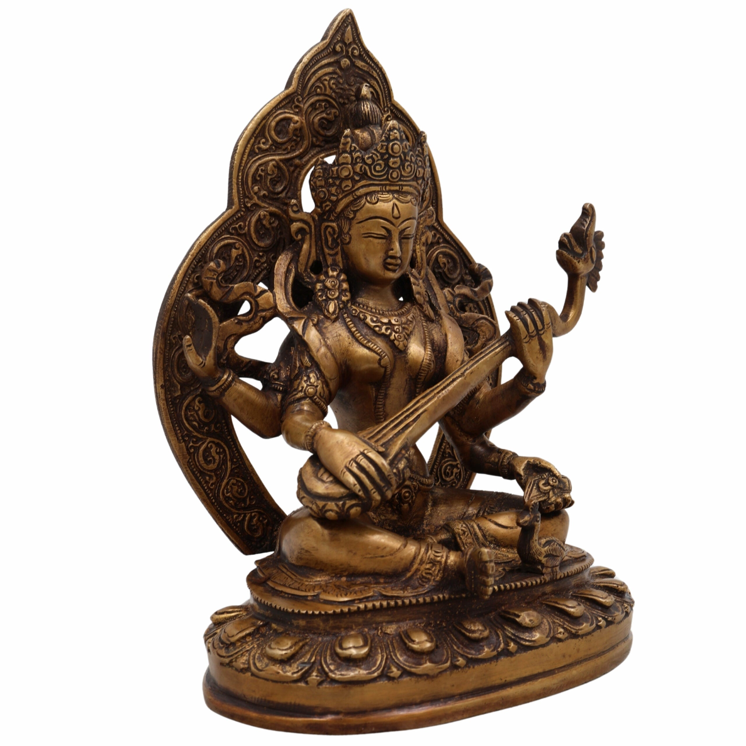 Brass Saraswati Idol for Home Temple | Veena Vadini Sharada Vagdevi Murti | Pital Mahasaraswati Statue for Pooja, Study & Gifting,Gold, 9 Inch, 1 Piece