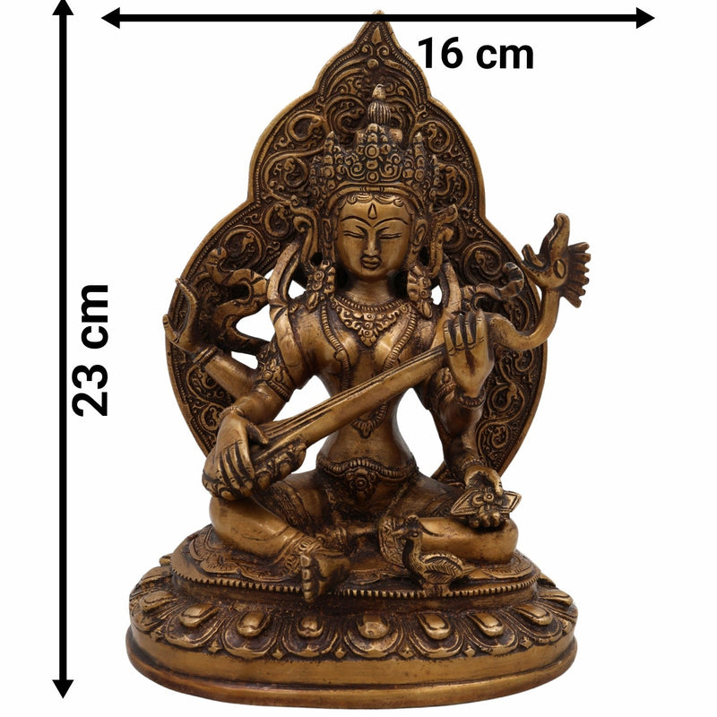 Brass Saraswati Idol for Home Temple | Veena Vadini Sharada Vagdevi Murti | Pital Mahasaraswati Statue for Pooja, Study & Gifting,Gold, 9 Inch, 1 Piece