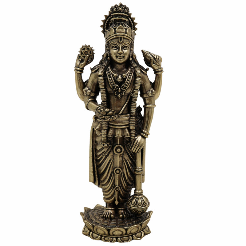 Brass Handcrafted Vishnu Idol, Narayana Murti, Govinda Statue, Krishna Vigraha, Achyuta Moorti, Madhava Idol for Pooja, Home Temple, Spiritual Deco,Gold, 5 Inch, 1 Piece