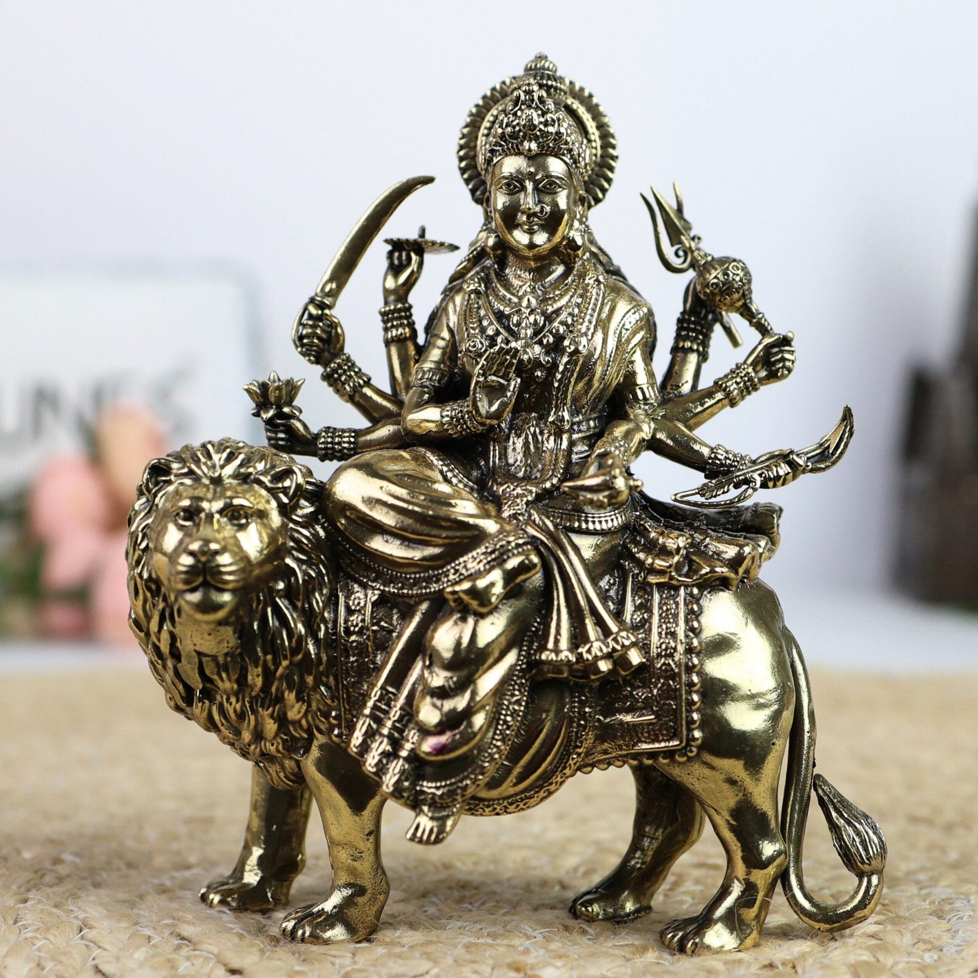 Brass Mahishasura Mardini Idol, Durga Murti, Chamundi Statue, Shakti Vigraham, Jagadamba Sculpture for Home Temple, Pooja Room, Navratri & Durga Puja Decor,Gold, 5.5 Inch, 1 Piece