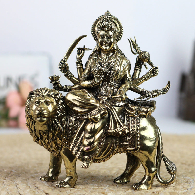 Brass Mahishasura Mardini Idol, Durga Murti, Chamundi Statue, Shakti Vigraham, Jagadamba Sculpture for Home Temple, Pooja Room, Navratri & Durga Puja Decor,Gold, 5.5 Inch, 1 Piece