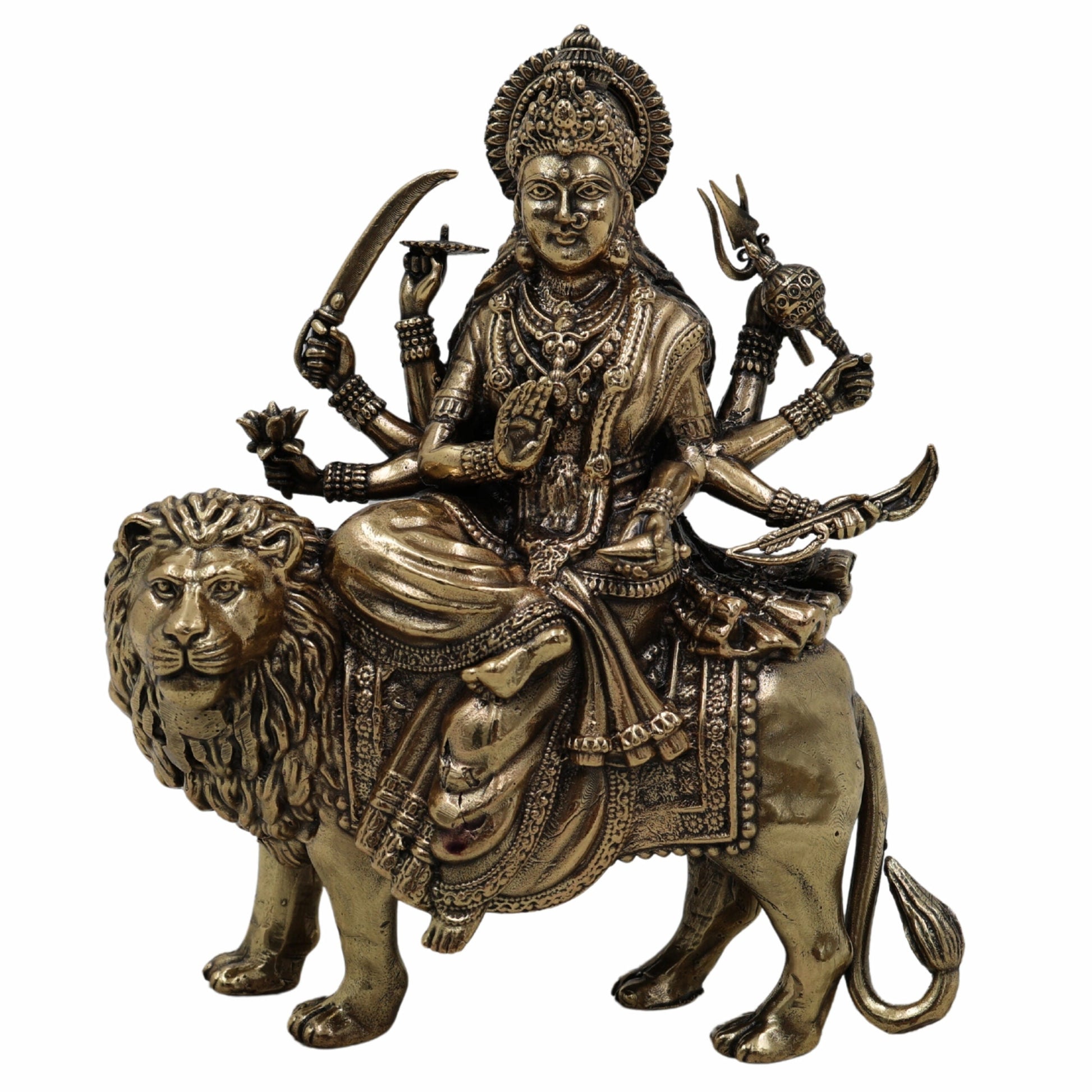 Brass Mahishasura Mardini Idol, Durga Murti, Chamundi Statue, Shakti Vigraham, Jagadamba Sculpture for Home Temple, Pooja Room, Navratri & Durga Puja Decor,Gold, 5.5 Inch, 1 Piece