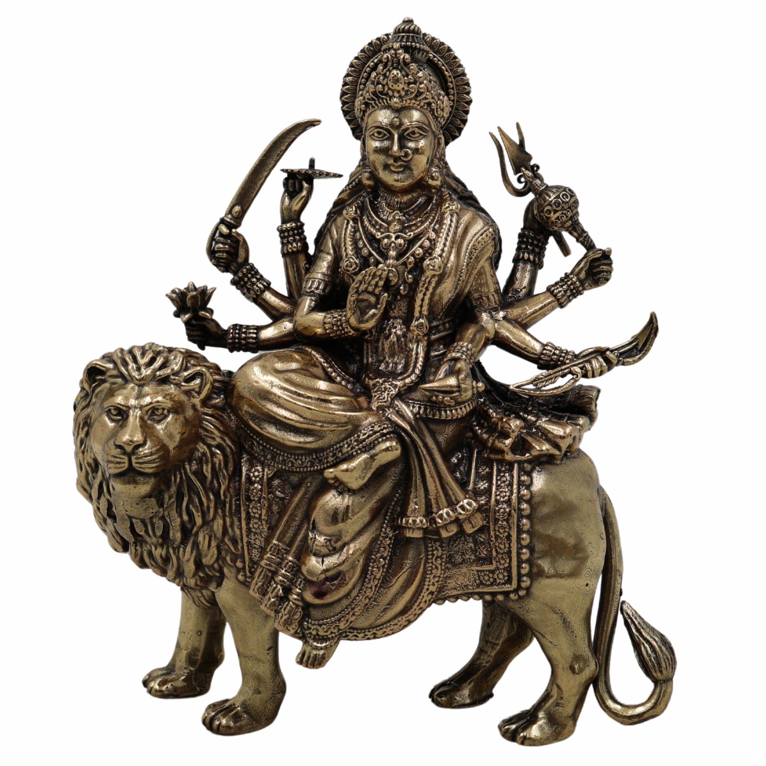 Brass Mahishasura Mardini Idol, Durga Murti, Chamundi Statue, Shakti Vigraham, Jagadamba Sculpture for Home Temple, Pooja Room, Navratri & Durga Puja Decor,Gold, 5.5 Inch, 1 Piece