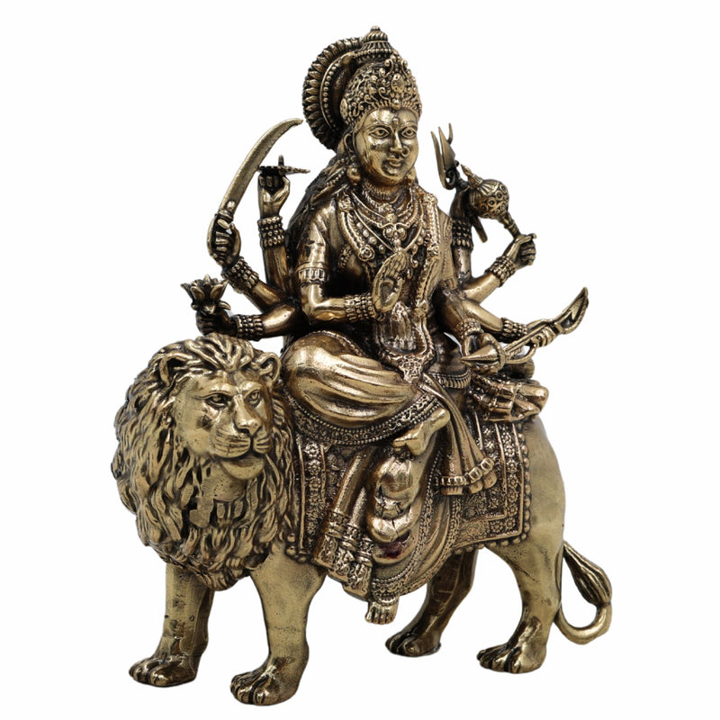 Brass Mahishasura Mardini Idol, Durga Murti, Chamundi Statue, Shakti Vigraham, Jagadamba Sculpture for Home Temple, Pooja Room, Navratri & Durga Puja Decor,Gold, 5.5 Inch, 1 Piece