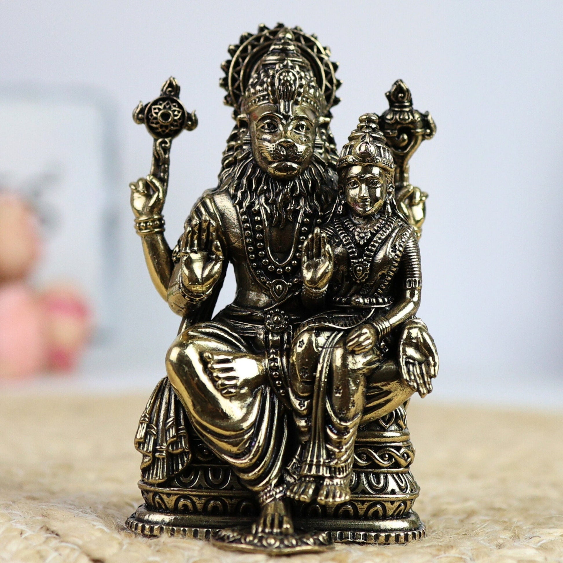 Lakshmi Narasimha Swamy Brass Idol – Ugra Narasimha Murti | Lakshmi Narasimhar Peetal Statue for Pooja, Decor & Gift,Gold, 4 Inch, 1 Piece
