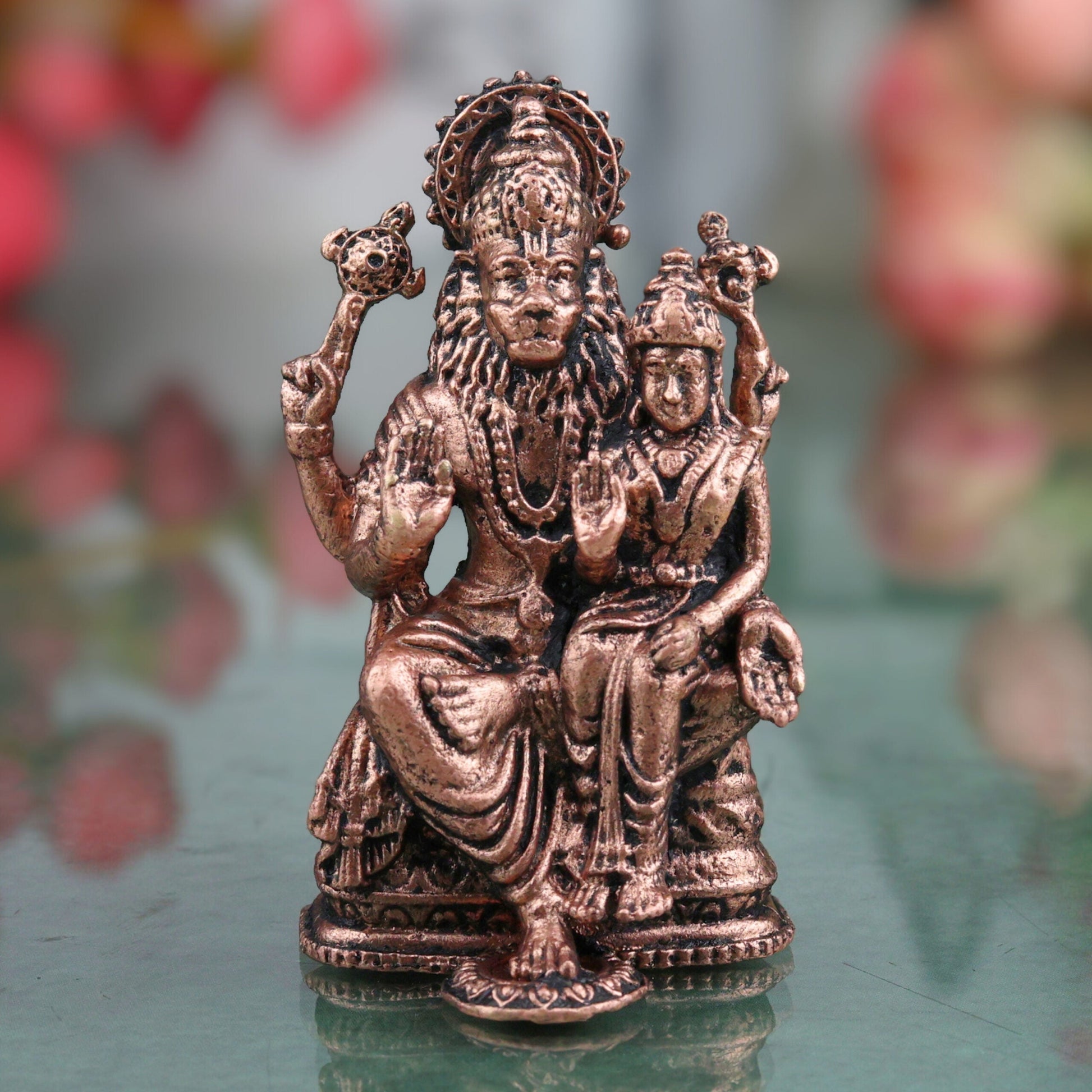 Copper Sri Lakshmi Narasimha Idol, Lakshmi Sameta Narasimha Swamy Tamraloha Murti for Home Puja & Mandir Worship, Brown, 2.5 Inch, 1 Piece