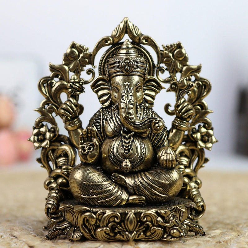 Brass Ganesh Idol, Ganapati Murti, Vighnaharta Statue for Pooja, Home Temple, Decor, Ganesh Chaturthi & Gifts,Gold, 4.5 Inch, 1 Piece