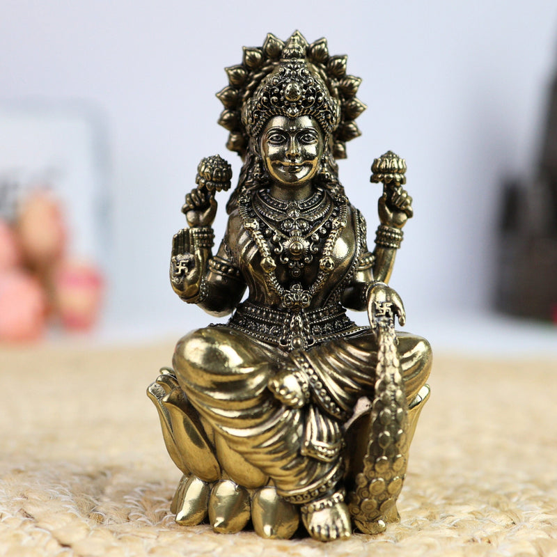 Handcrafted Brass Lakshmi Idol – Mahalakshmi, Gaja Lakshmi, Shri Devi, Kamala, Padma – Pital Murti for Pooja, Mandir, Diwali, Vastu, and Gifts,Gold, 4.5 Inch, 1 Piece