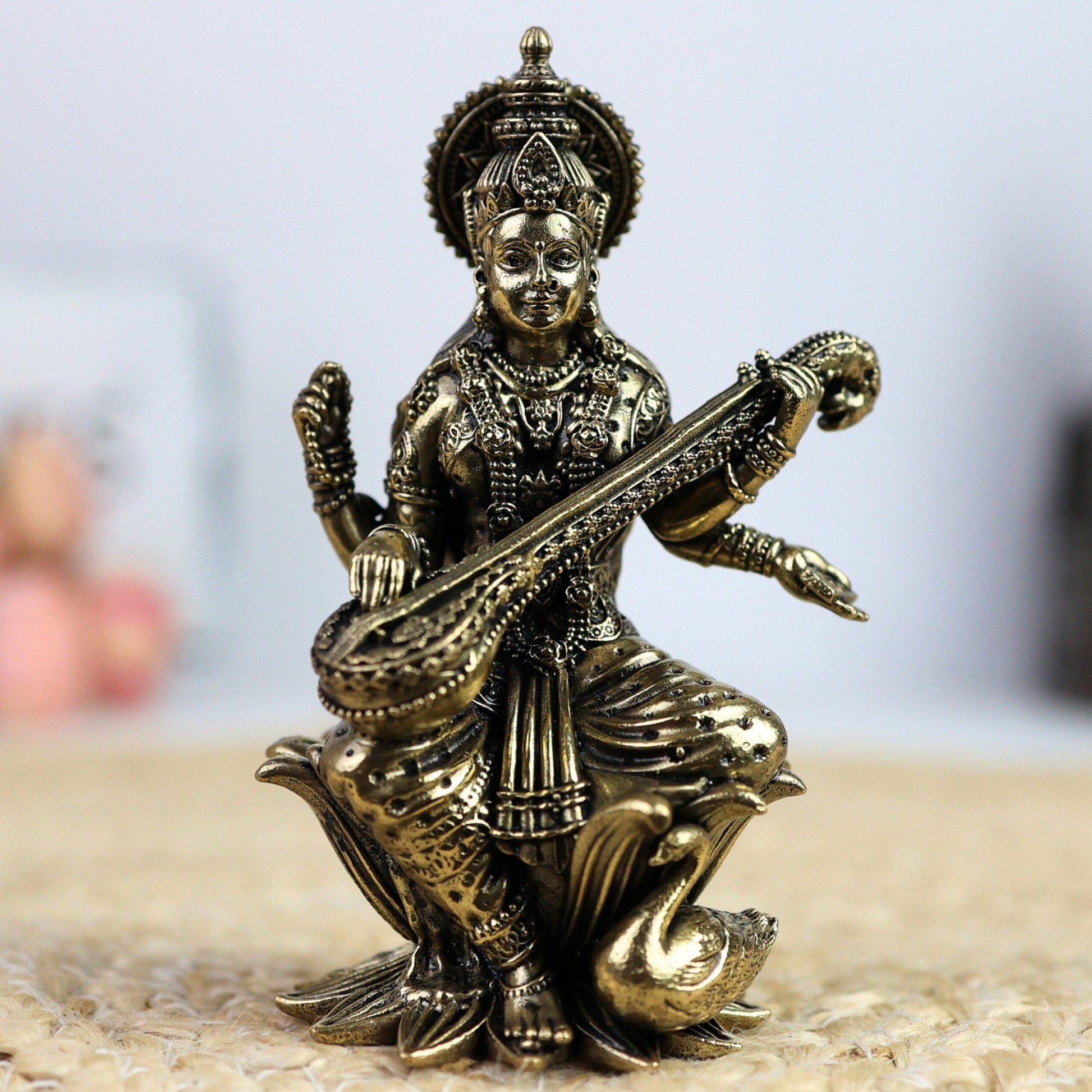 Brass Saraswati Idol, Maa Saraswati Murti, Sharada Statue, Vagdevi Sculpture, Goddess of Knowledge, Wisdom & Arts for Home Temple, Pooja Room & Study Decor,Gold, 4.5 Inch, 1 Piece