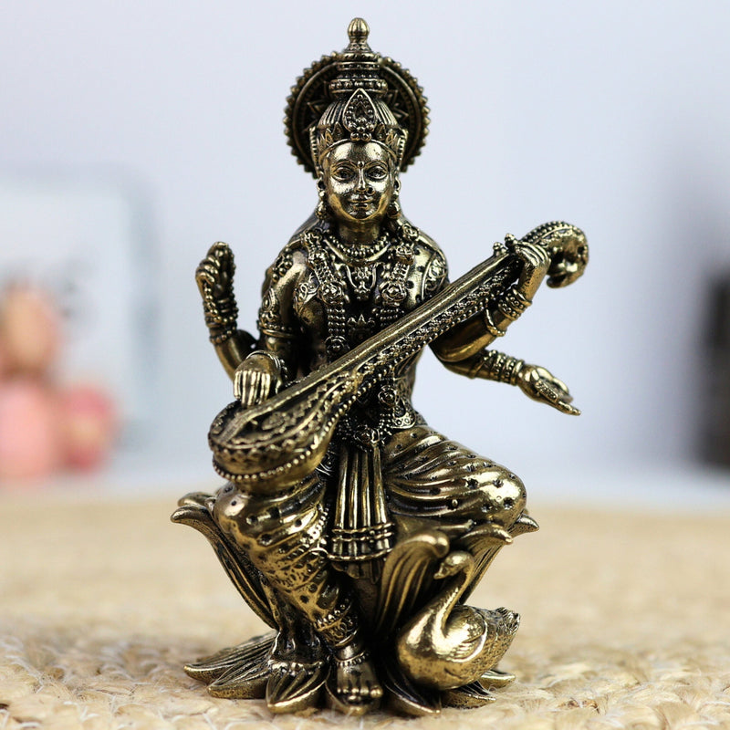 Brass Saraswati Idol, Maa Saraswati Murti, Sharada Statue, Vagdevi Sculpture, Goddess of Knowledge, Wisdom & Arts for Home Temple, Pooja Room & Study Decor,Gold, 4.5 Inch, 1 Piece